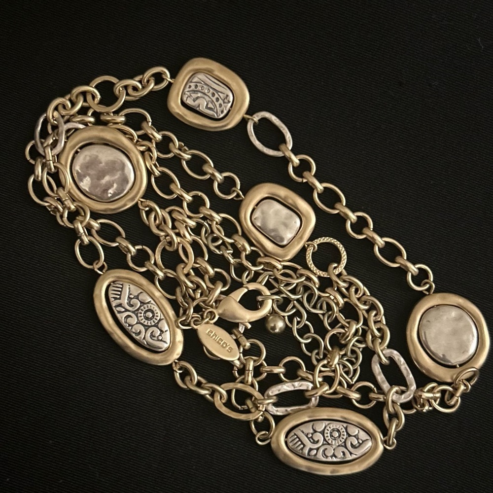 Chico’s adjustable, gold necklace w/silver & black accents